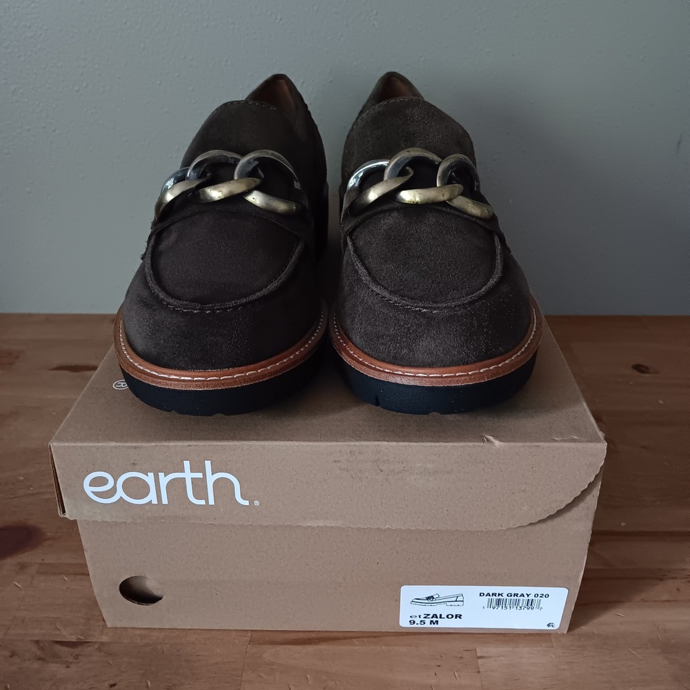 Earth ZALOR Loafers Womens 9.5 Dark Gray/Brown New Suede Lug Sole Chain Link 020 - Picture 2 of 8